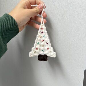 Vintage 80s 90s Christmas Tree Handmade Ornament Needlepoint Beaded White